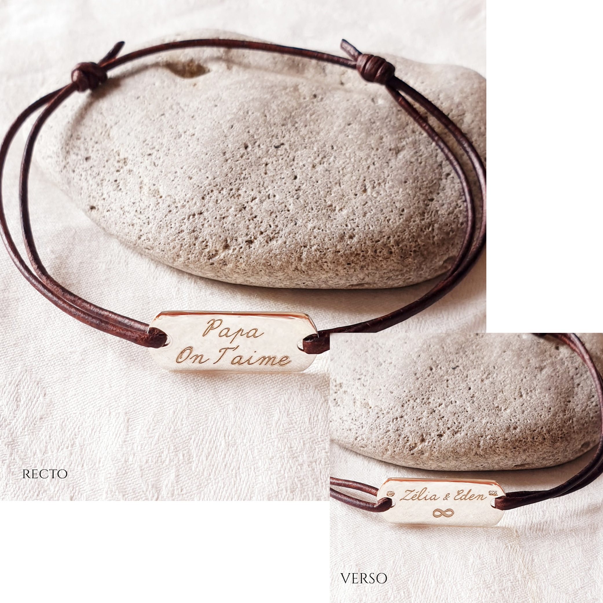 bracelet personnalisé homme cordon cuir gravé cadeau pere cheri