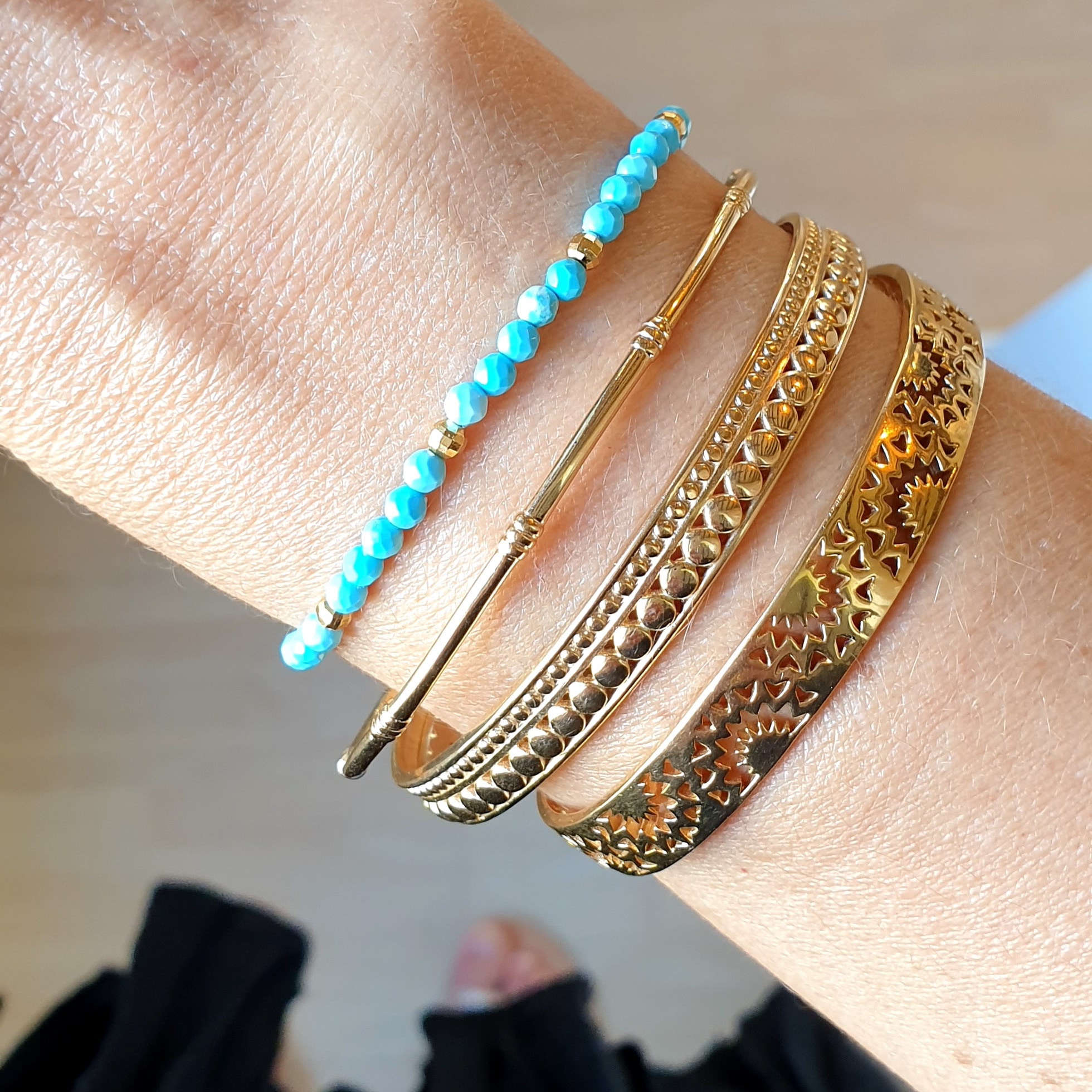 bracelet perles turquoise jonc bambou magnifique