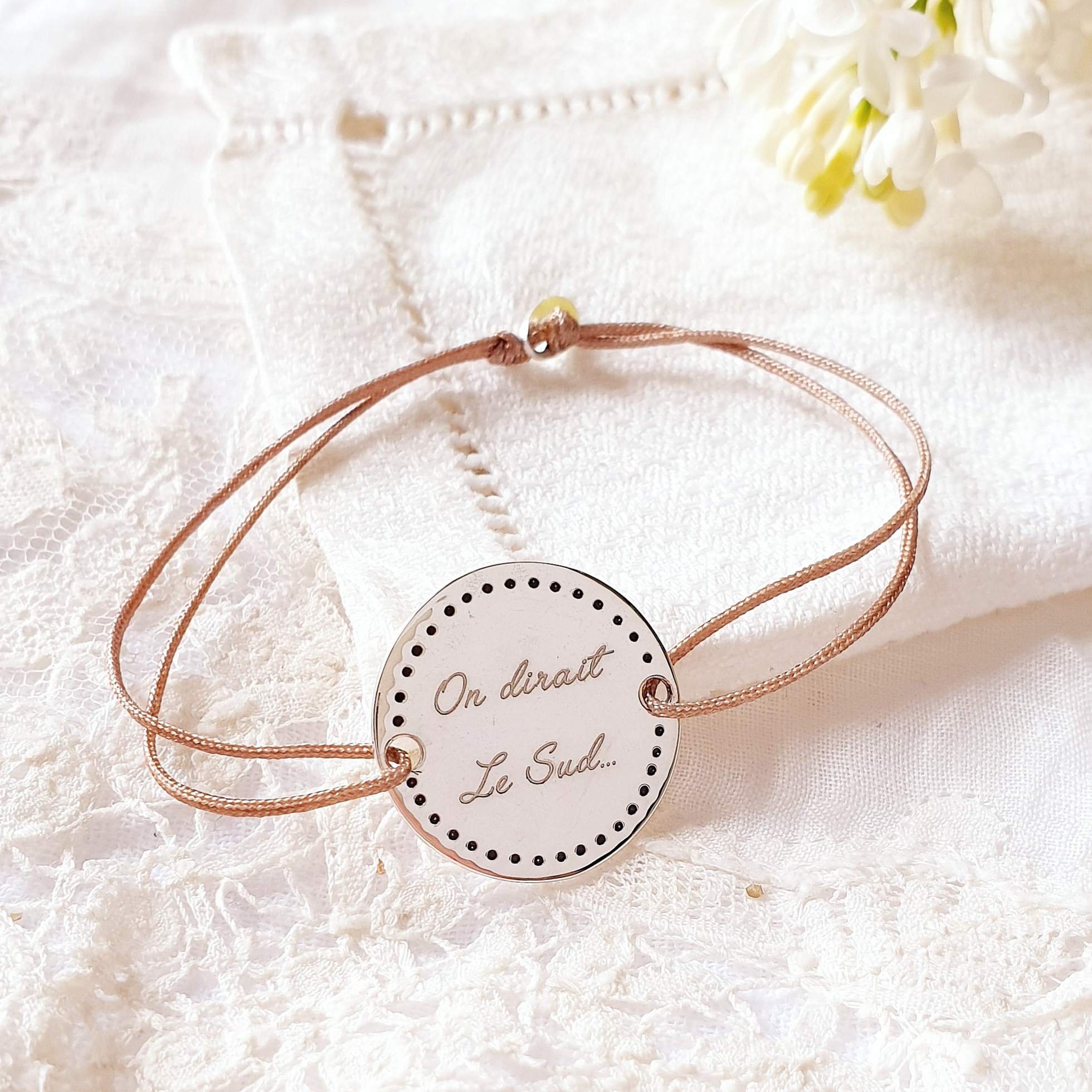 bracelet cordon femme message delicate argent