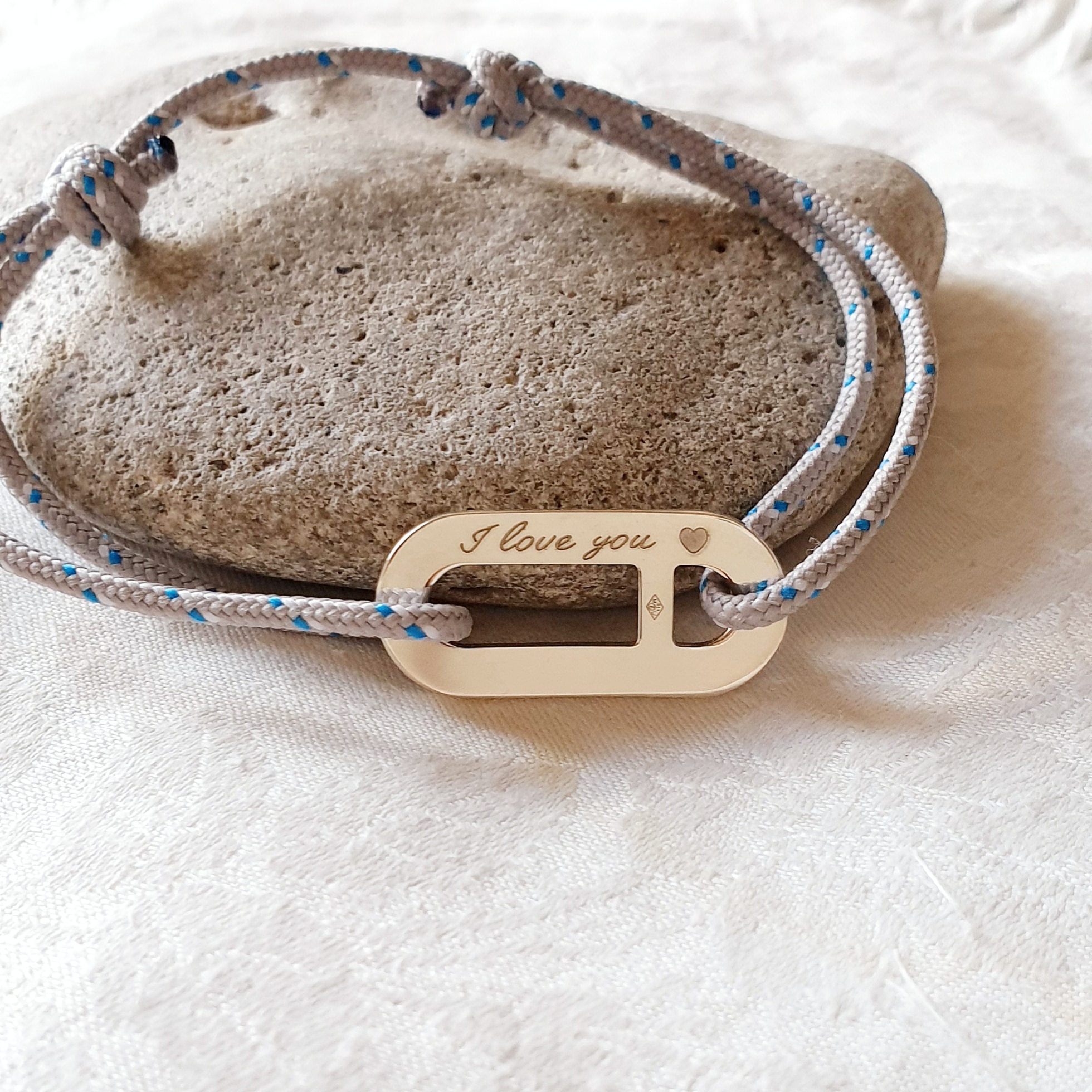 Bracelet homme personnalise argent cordon marin I love you