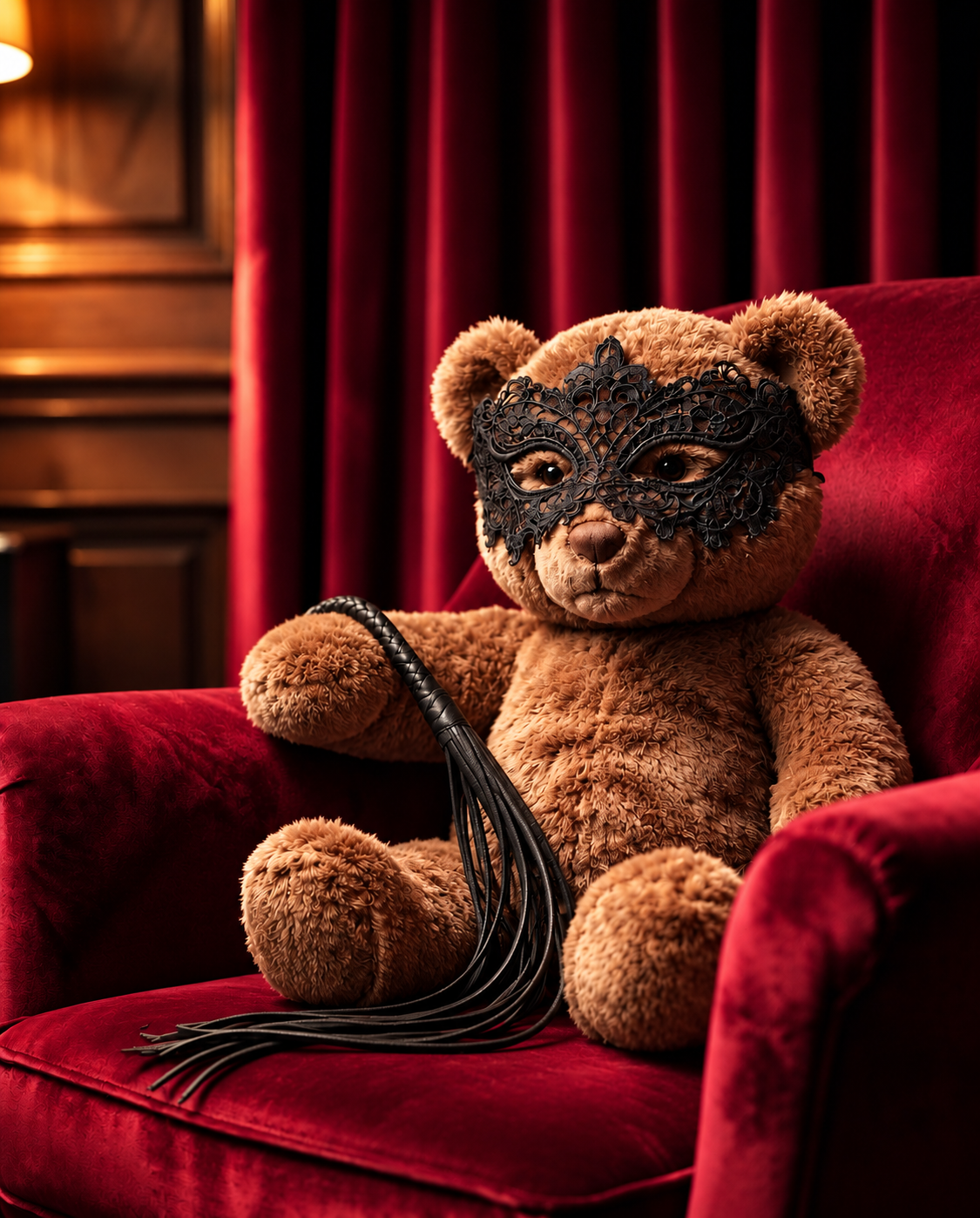 Nounours masqué dans un fauteuil bordeaux
