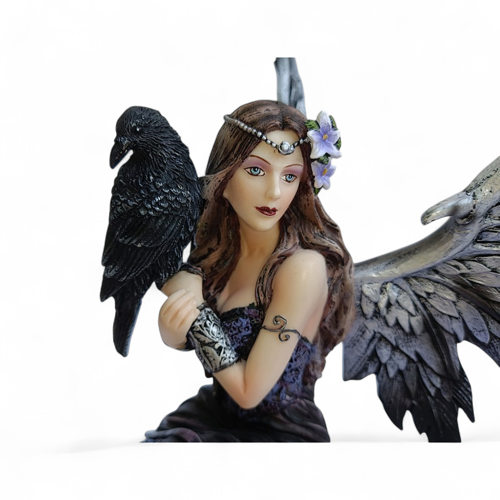 Statue fée noire mystique et corbeau - FD2403A