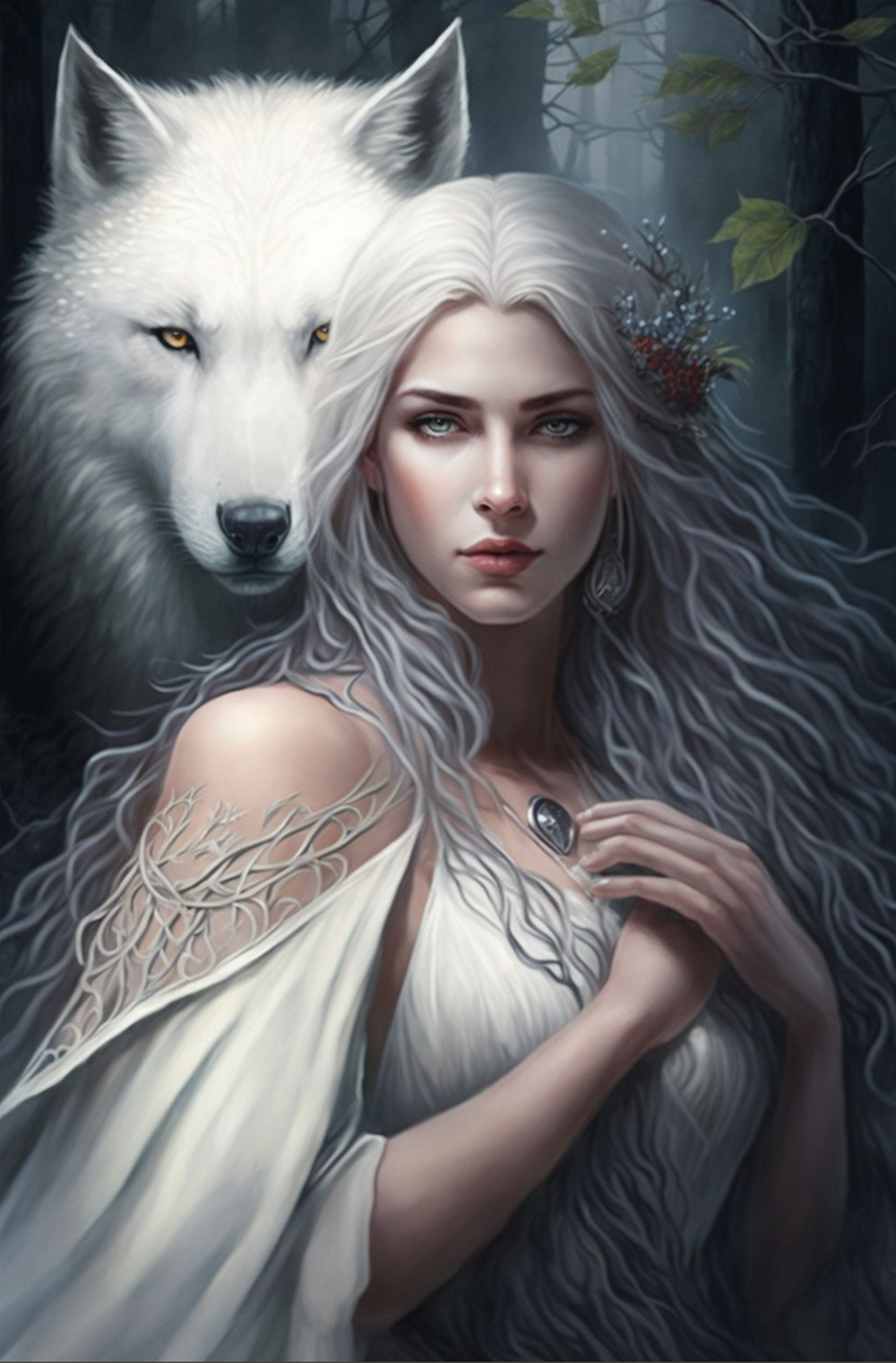 elfe et loup blanc - JF001ZA29