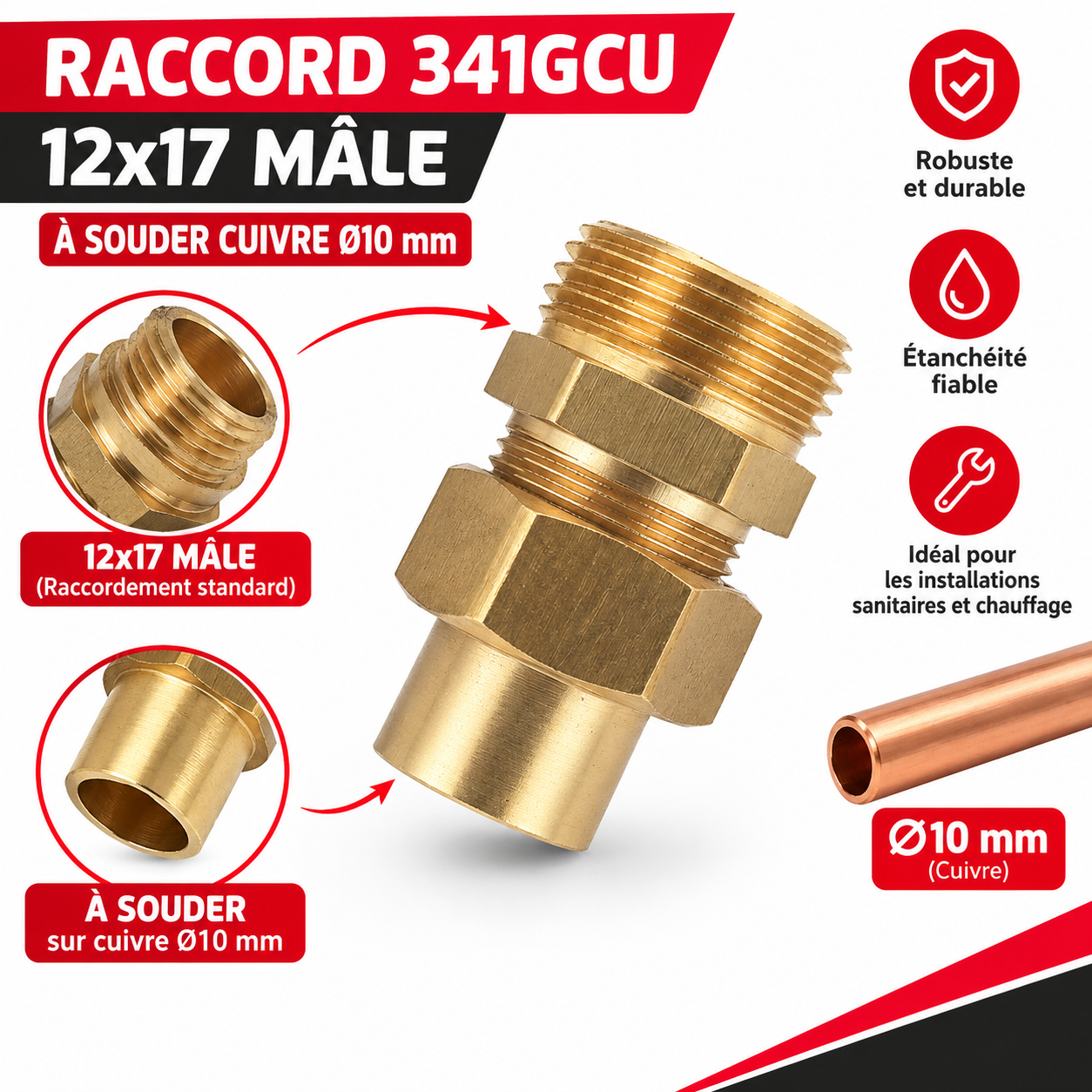 Raccord laiton 341GCU 12x17 - D10 cuivre