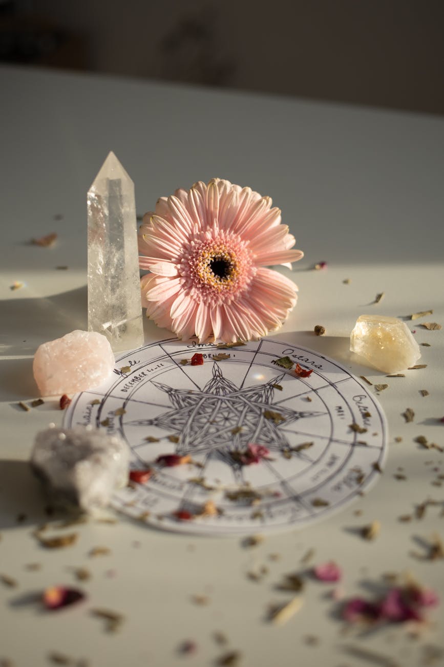 a harmonious setup of crystals and a flower around a pagan chart symbolizing balance and spirituality