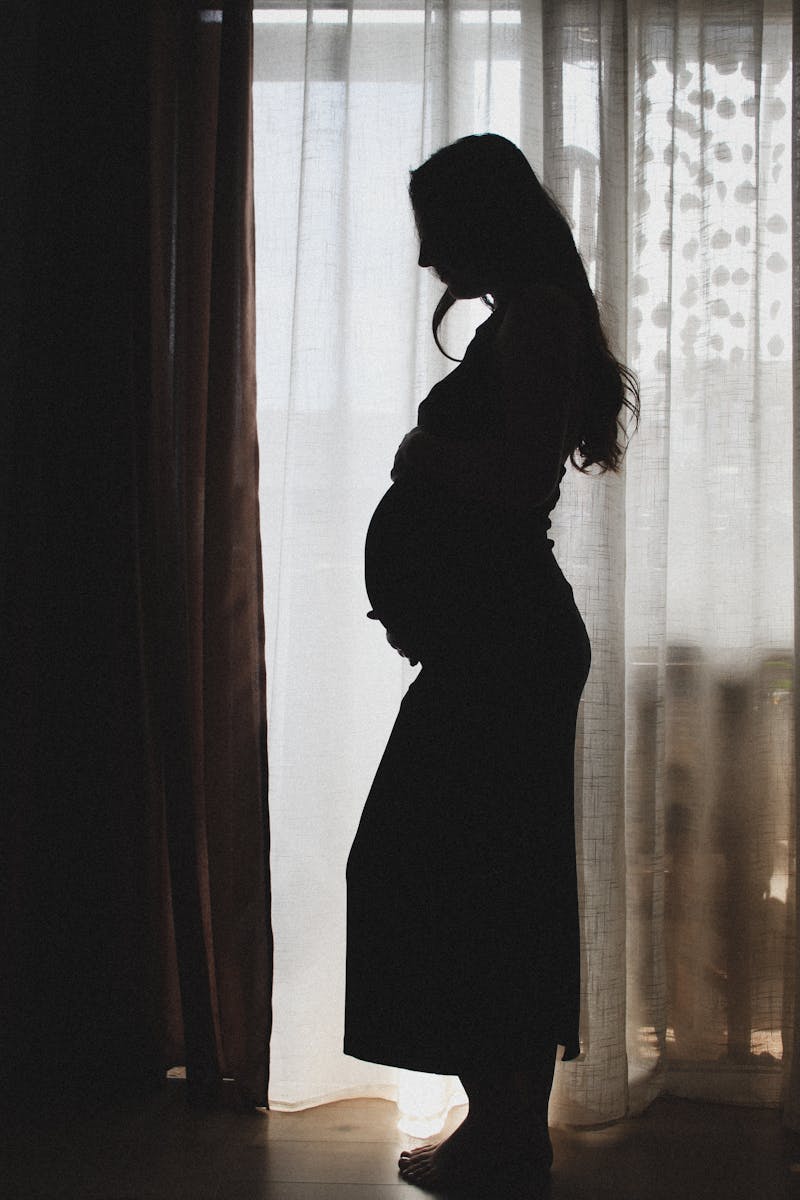 silhouette d une femme enceinte debout pres d une fenetre mettant en valeur la maternite