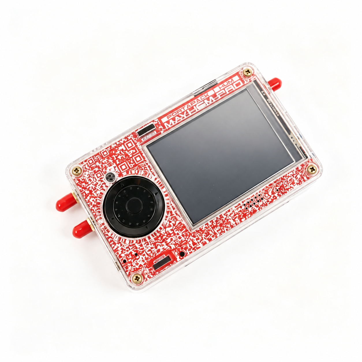 HackRF Pro com PortaPack H4M Pro vermelho, ecrã desligado e caixa transparente em vista inclinada