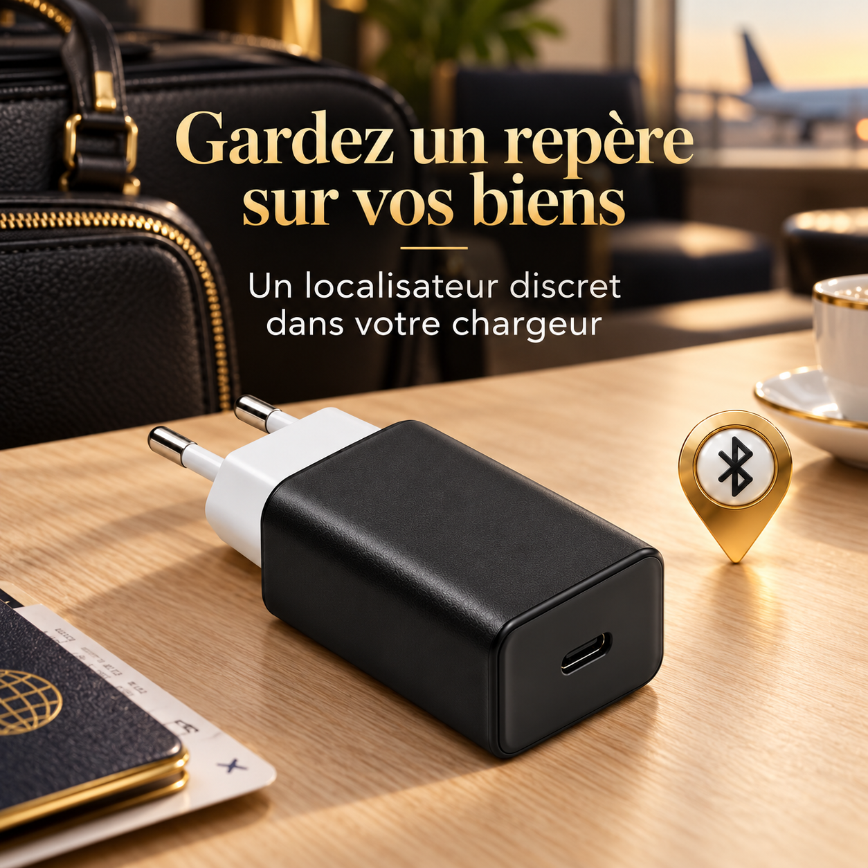 Carregador USB-C com localizador oculto junto a um saco de viagem