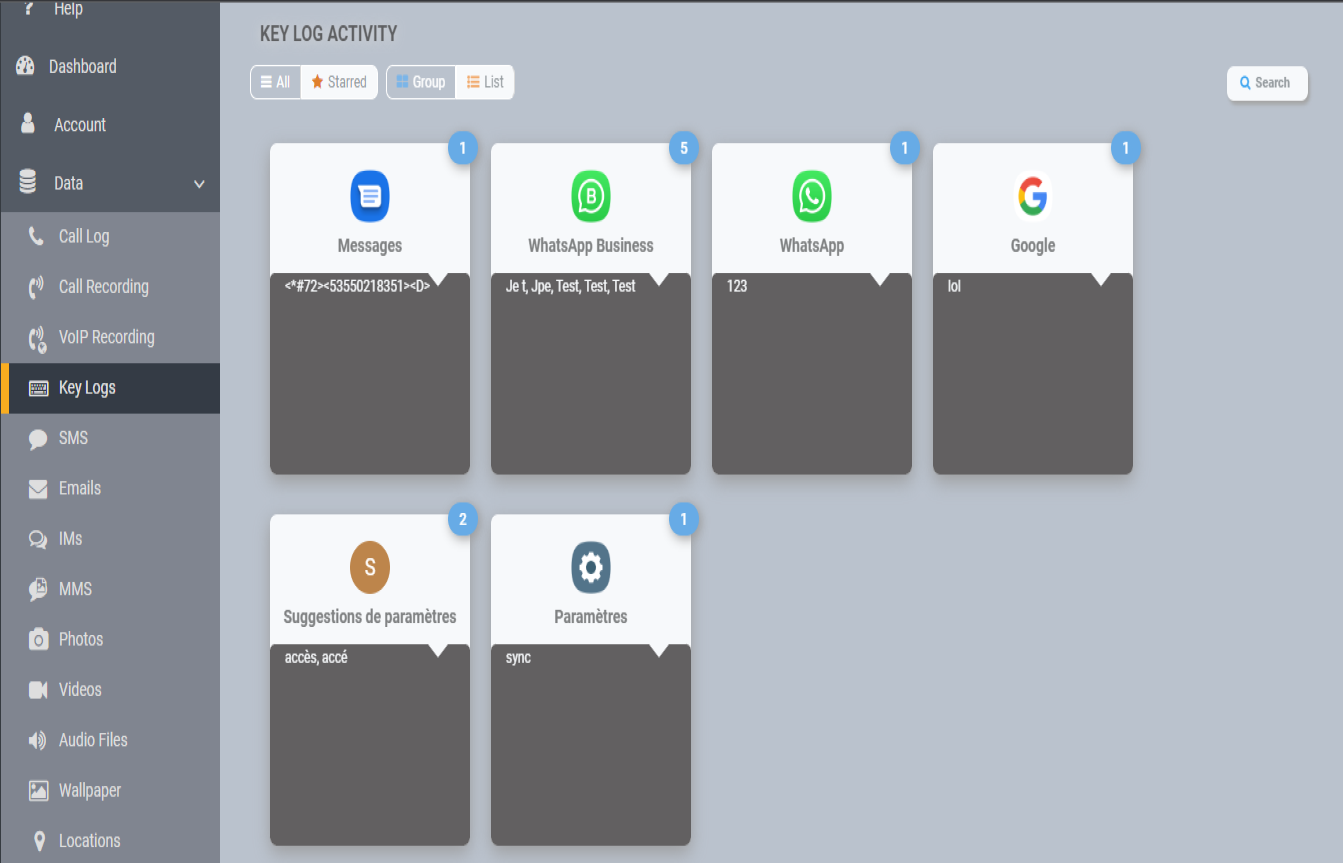 Interface logiciel espion - Android iOS 3
