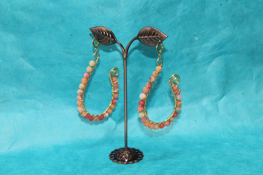 Boucle-Oreille-Fil-Cuivre-Dore-Perles-Agate-Orange-
