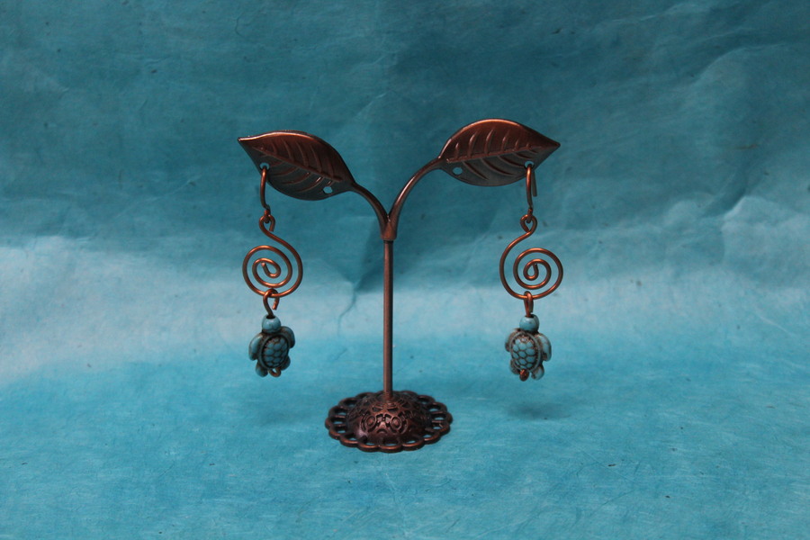 Boucle-Oreille-Fil-Cuivre-Couleur-Cuivre-Perle-Turquoise-Tortue-