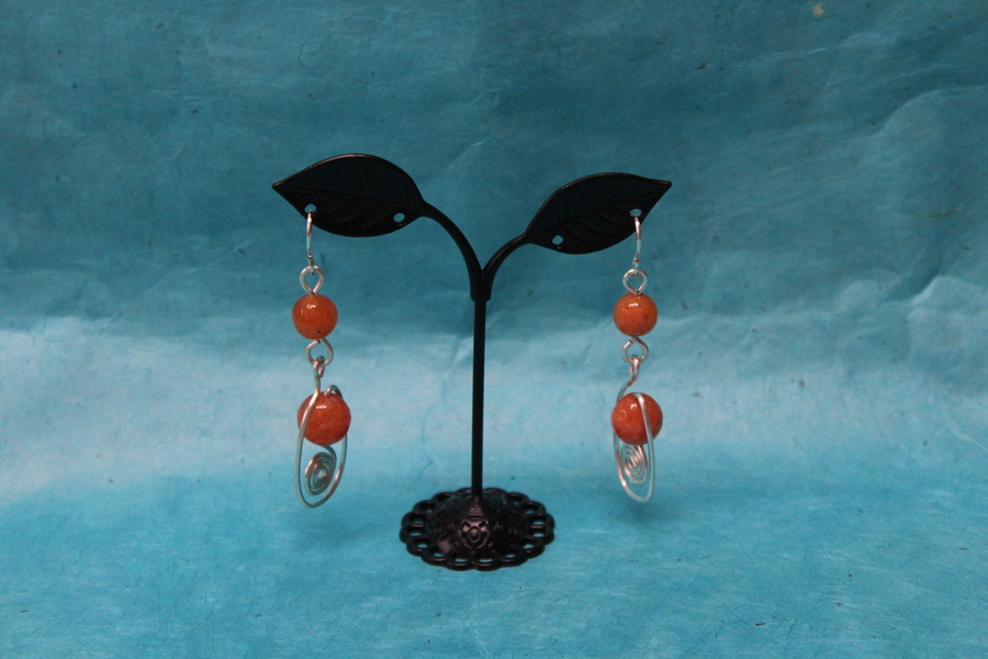 Boucle-Oreille-Fil-Cuivre-Argente-Perle-Rhodonite-Facette-Veritable-