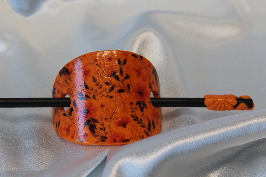 Barette Chignon Adulte Ovale en Pâte polymère-Fond Orange et Décalcomanie Fleurie (6)