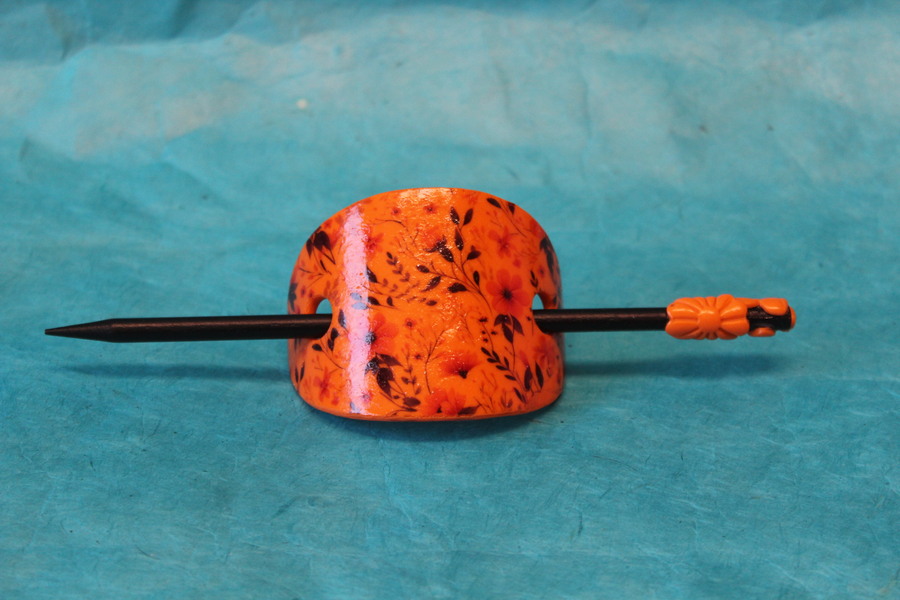 Barette Chignon Adulte Ovale en Pâte polymère-Fond Orange et Décalcomanie Fleurie