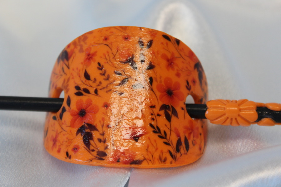 Barette Chignon Adulte Ovale en Pâte polymère-Fond Orange et Décalcomanie Fleurie (4)