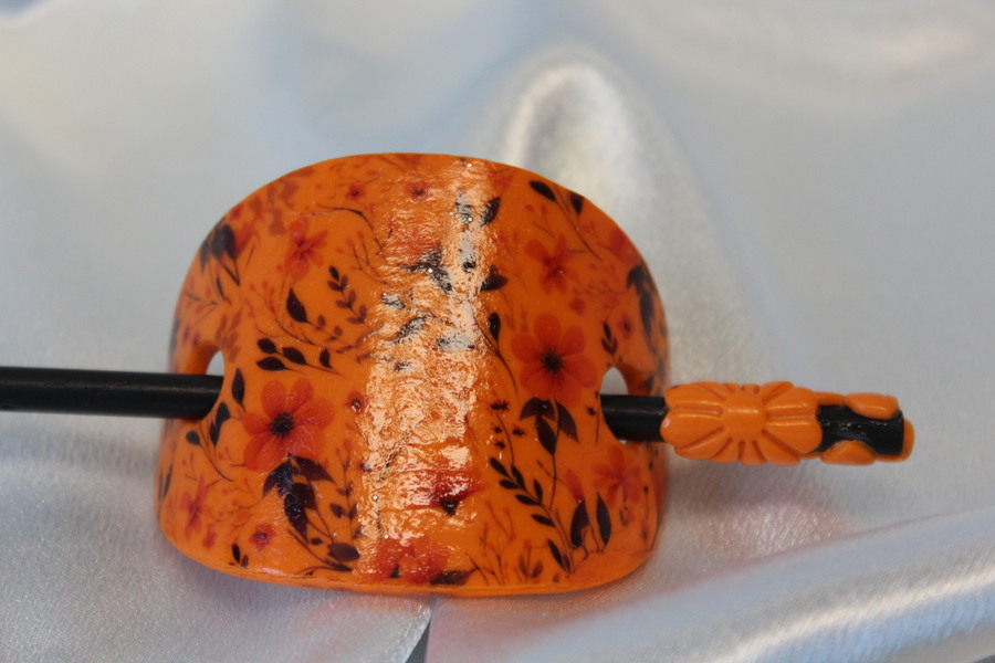 Barette Chignon Adulte Ovale en Pâte polymère-Fond Orange et Décalcomanie Fleurie (5)