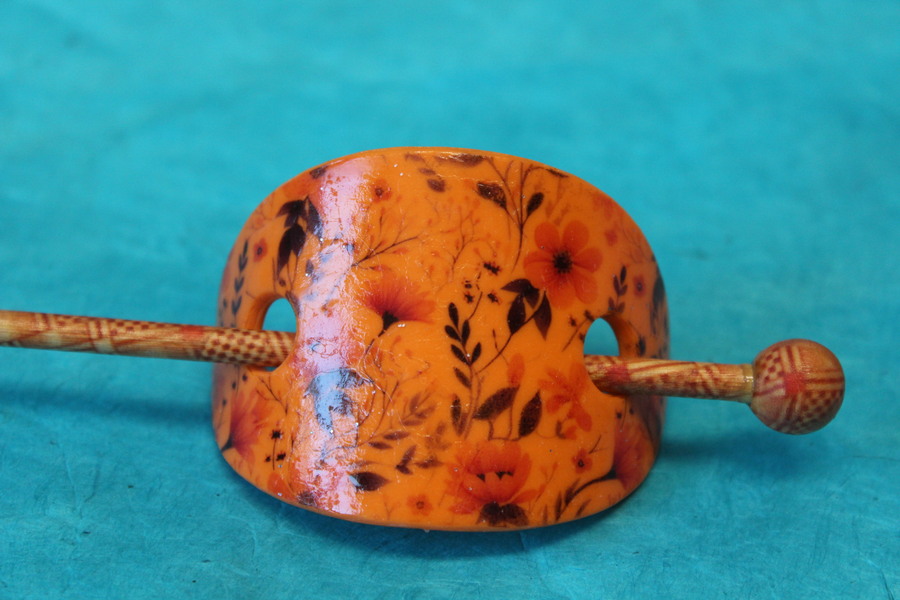 Barette Chignon Enfant en Pâte polymère-Fond Orange et Décalcomanie Fleurie (6)