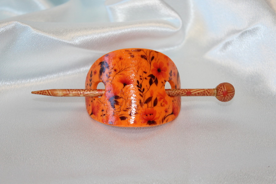 Barette Chignon Enfant en Pâte polymère-Fond Orange et Décalcomanie Fleurie