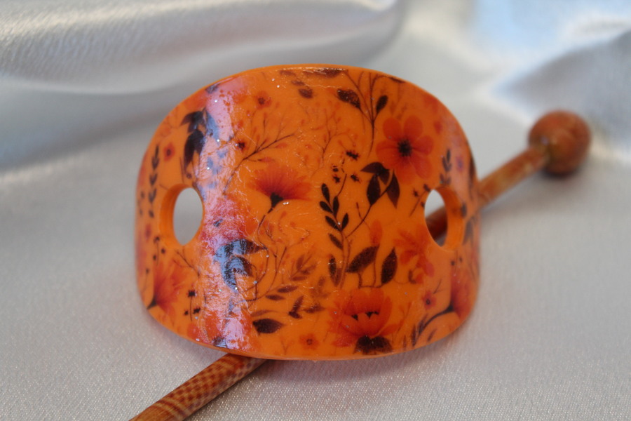 Barette Chignon Enfant en Pâte polymère-Fond Orange et Décalcomanie Fleurie (3)