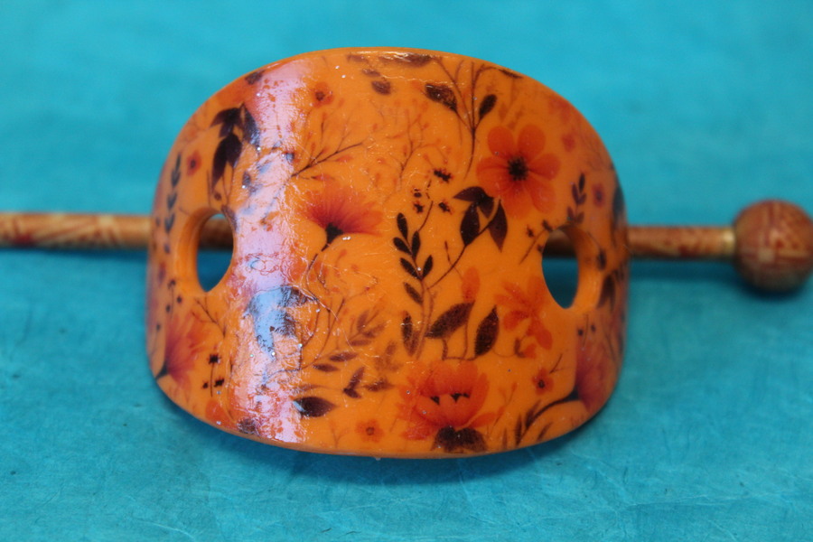 Barette Chignon Enfant en Pâte polymère-Fond Orange et Décalcomanie Fleurie (8)