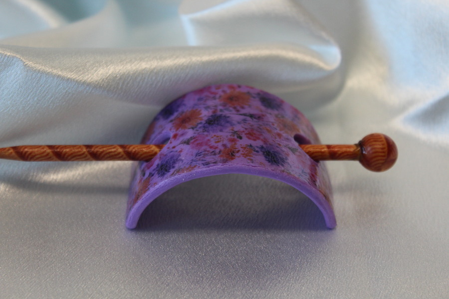 Barette Chignon Enfant en Pâte polymère-Fond Violet et Décalcomanie Fleurie-6