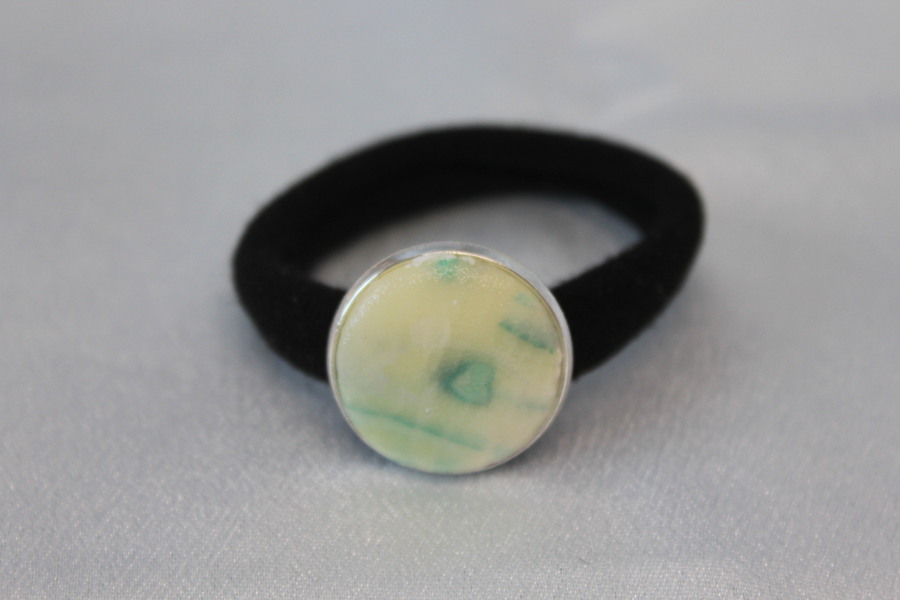 Elastique à Cheveux-Support Argenté-Cabochon Couleur Marbré Jaunes et Verts (3)