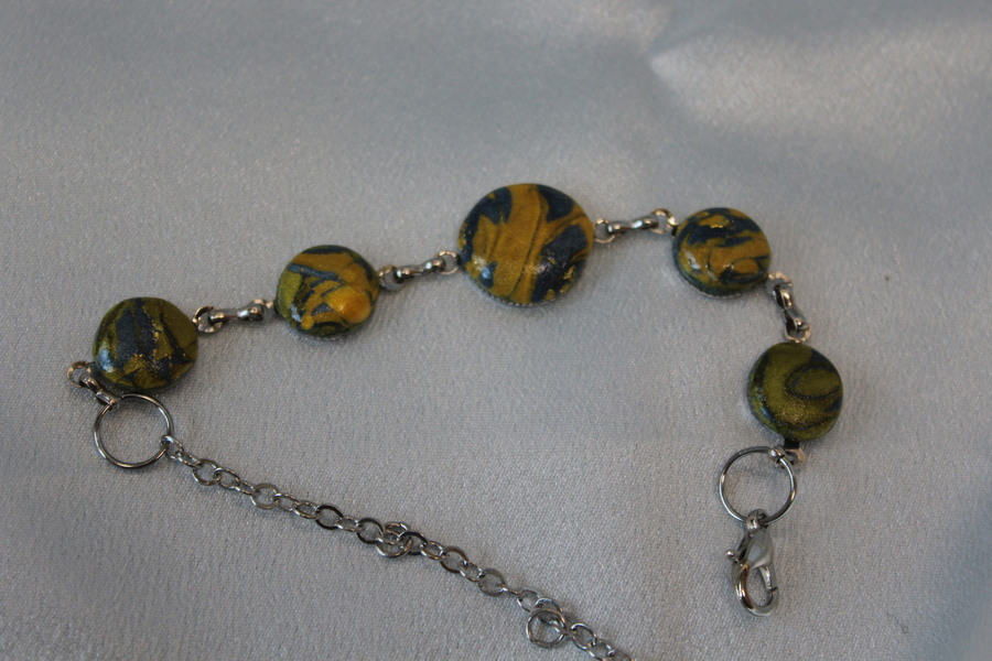 Bracelet Support Acier Argenté à 5 Cabochons. Déco en pâte Polymère Marbré Jaune dOr, Gris Argenté (3)