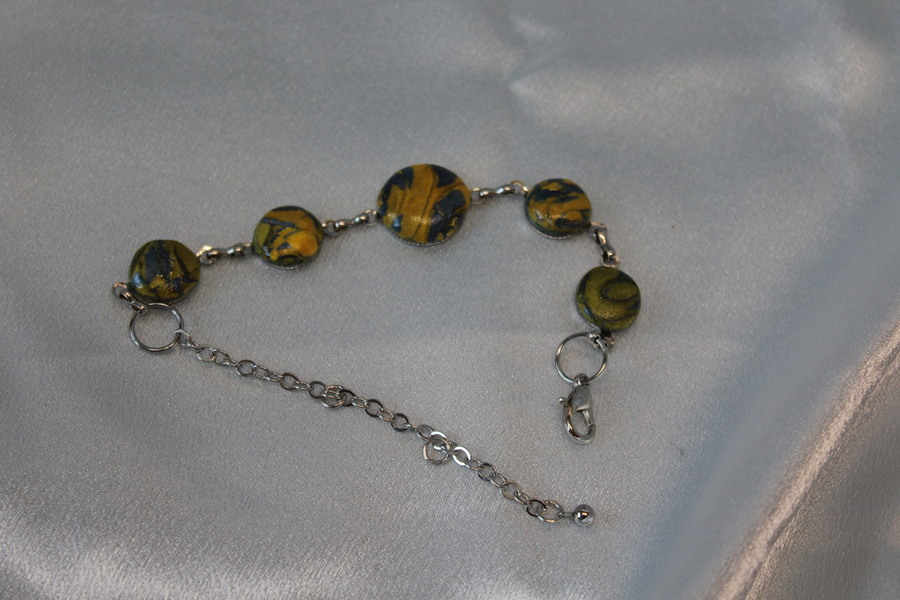 Bracelet Support Acier Argenté à 5 Cabochons. Déco en pâte Polymère Marbré Jaune dOr, Gris Argenté (2)