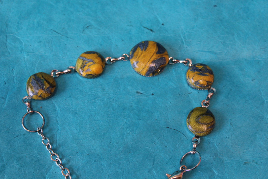 Bracelet Support Acier Argenté à 5 Cabochons. Déco en pâte Polymère Marbré Jaune dOr, Gris Argenté (5)