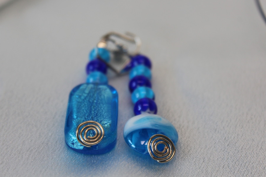 Parure-Collier-Boucle dOreille-Perles de Verre Bleus
