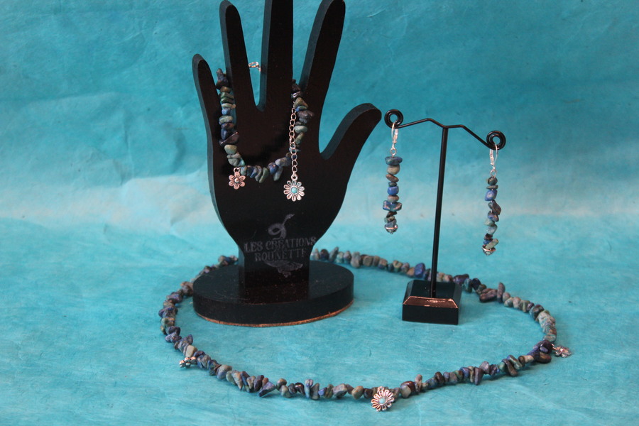 Parure-Bracelet-Collier-Boucle dOreille-Perles de Chrysocolle Véritable