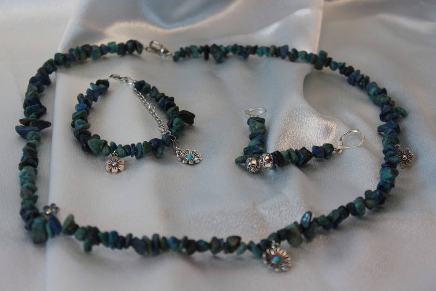 Parure-Bracelet-Collier-Boucle dOreille-Perles de Chrysocolle Véritable (10)