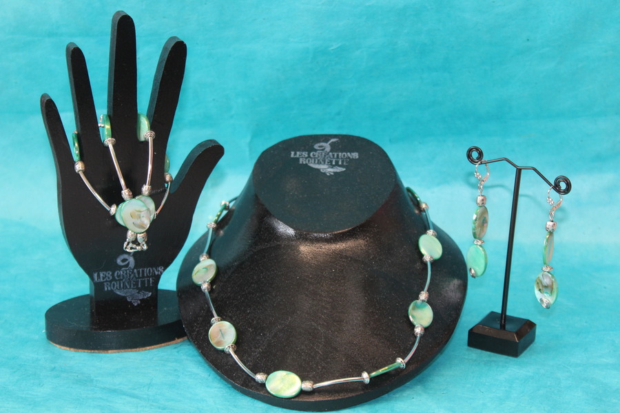 Parure-Collier-Bracelet-Boucle dOreille-Nacre Vert et Perles Métal