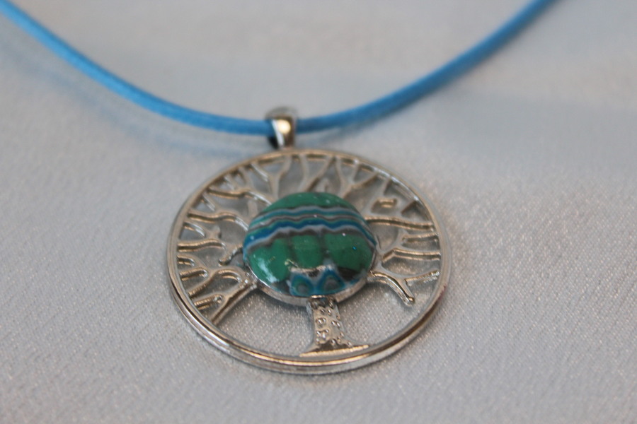Collier Coton Ciré Bleu, Support Arbre de Vie et Polymère Multicolores (5)