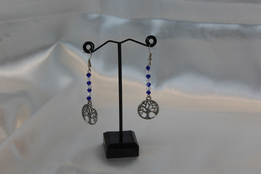 Boucle dOeille Pendente, Perles Toupies à Facette Bleu et Transparente avec Arbre de Vie