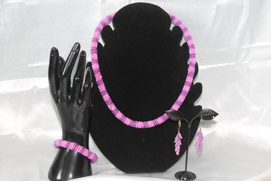 Parure Perles Rocailles-Couleurs Rose et Violette (8)