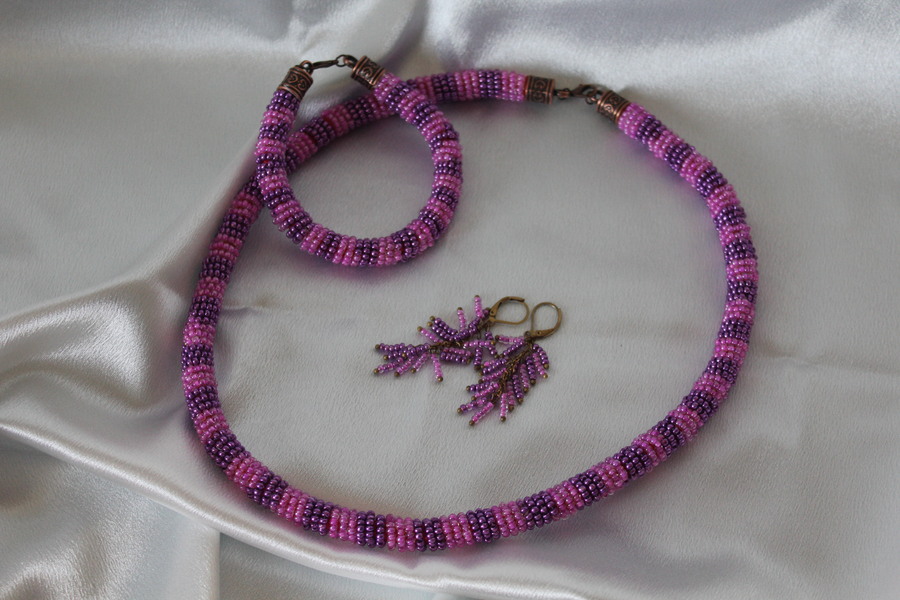 Parure Perles Rocailles-Couleurs Rose et Violette (12)