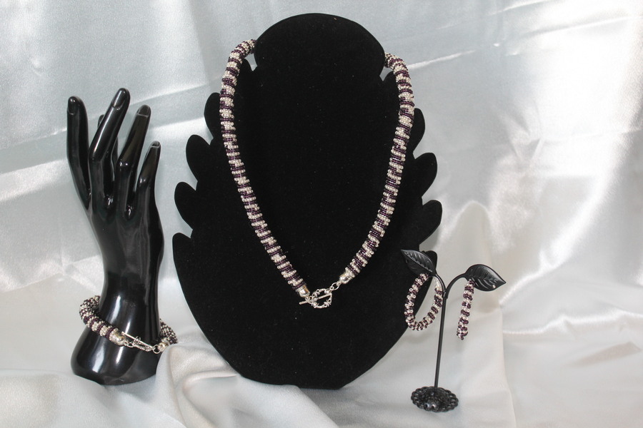 Parure Perles Rocailles-Couleurs Aubergine et Argent (9)