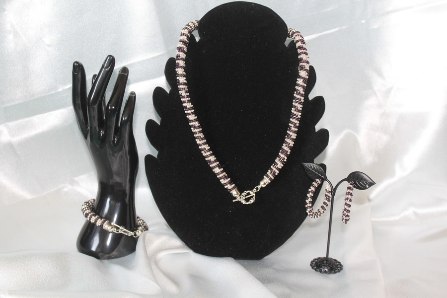 Parure Perles Rocailles-Couleurs Aubergine et Argent (10)