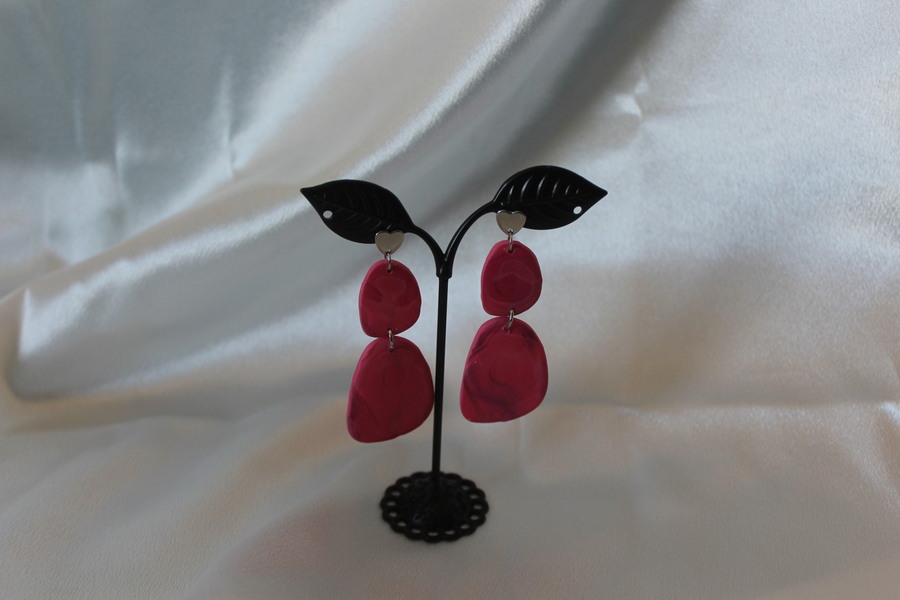 Boucles dOreilles- Pâte Polymère Couleur Margenta- Décalcomanie Marbrure (4)