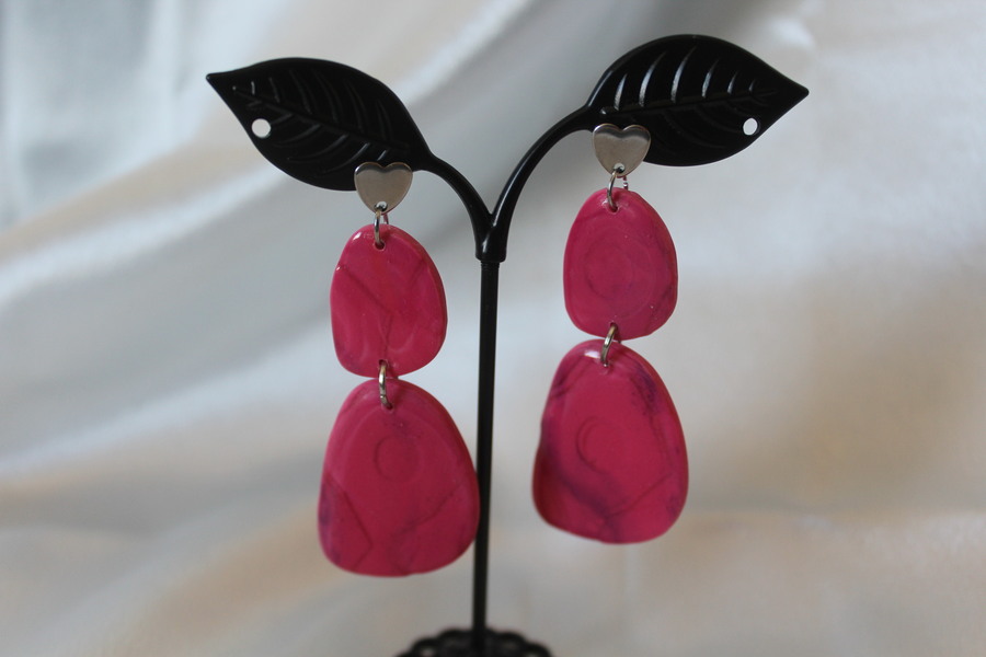 Boucles dOreilles- Pâte Polymère Couleur Margenta- Décalcomanie Marbrure (5)