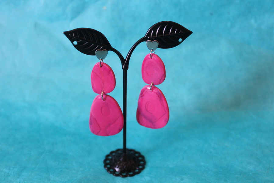 Boucles dOreilles- Pâte Polymère Couleur Margenta- Décalcomanie Marbrure (3)