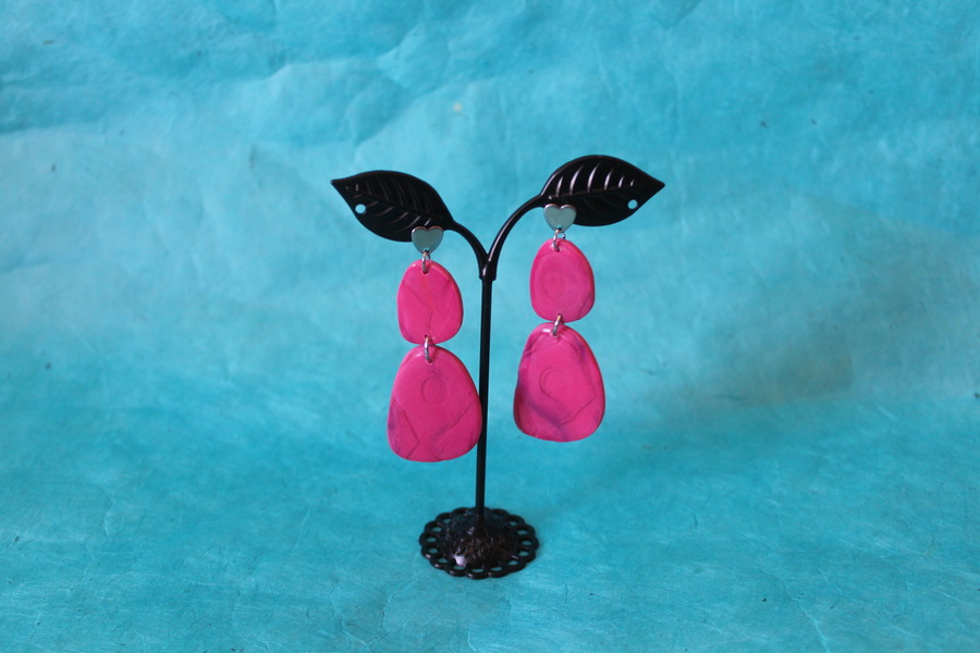 Boucles dOreilles- Pâte Polymère Couleur Margenta- Décalcomanie Marbrure