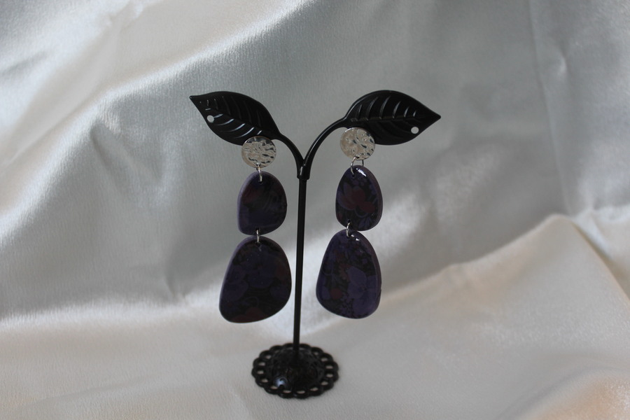 Clous dOreille Acier Inoxydable-Pâte Polymère Violette-Décalcomanie Fleurs (3)