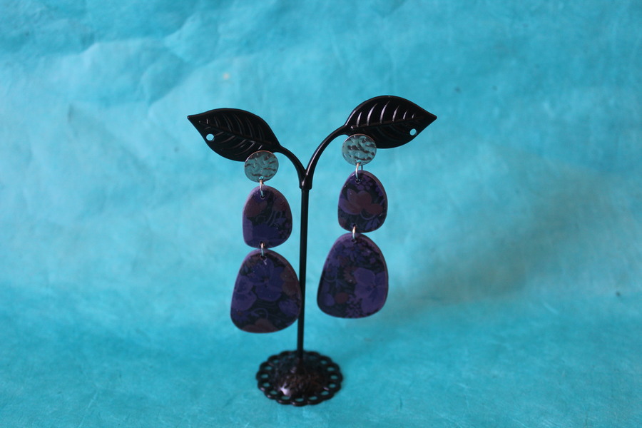 Clous dOreille Acier Inoxydable-Pâte Polymère Violette-Décalcomanie Fleurs