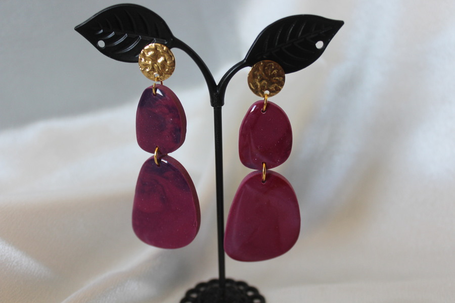 Clous dOreille Doré- Pâte Polymère Magenta- Décalcomanie Marbrure (2)