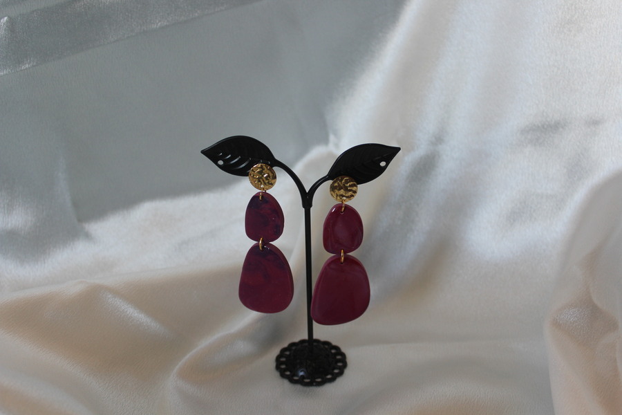 Clous dOreille Doré- Pâte Polymère Magenta- Décalcomanie Marbrure