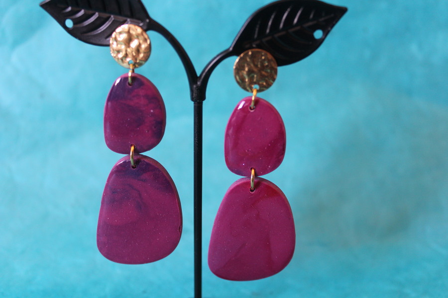 Clous dOreille Doré- Pâte Polymère Magenta- Décalcomanie Marbrure (4)