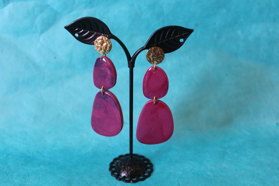 Clous dOreille Doré- Pâte Polymère Magenta- Décalcomanie Marbrure (3)