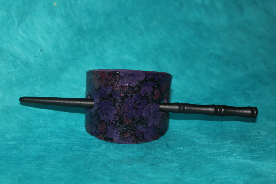 Barette Chignon- Pâte Polymère Violette- Décalcomanie Motif Floral (5)